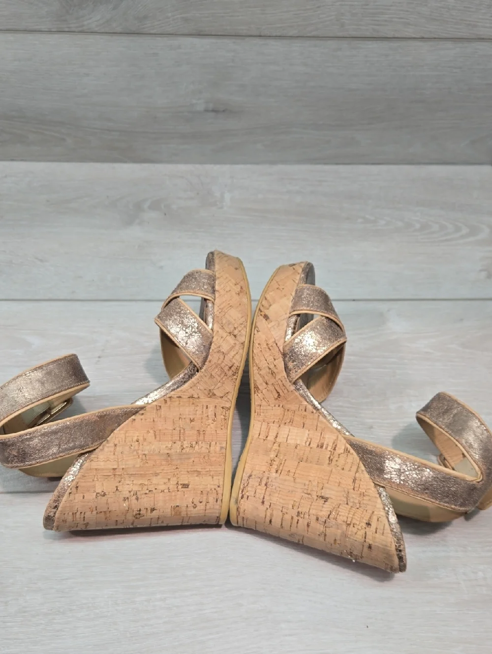 Stuart Weitzman Women Cork Wedge Sandals with Glitter Leather Straps Sz 6.5 - Picture 8 of 12